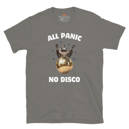 Funny All Panic No Disco Raccoon graphic t-shirt in charcoal by Boozy Fox