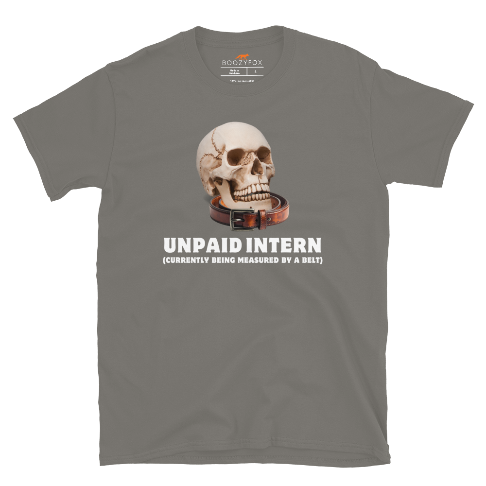 Funny Unpaid Intern Skull graphic t-shirt in charcoal by Boozy Fox