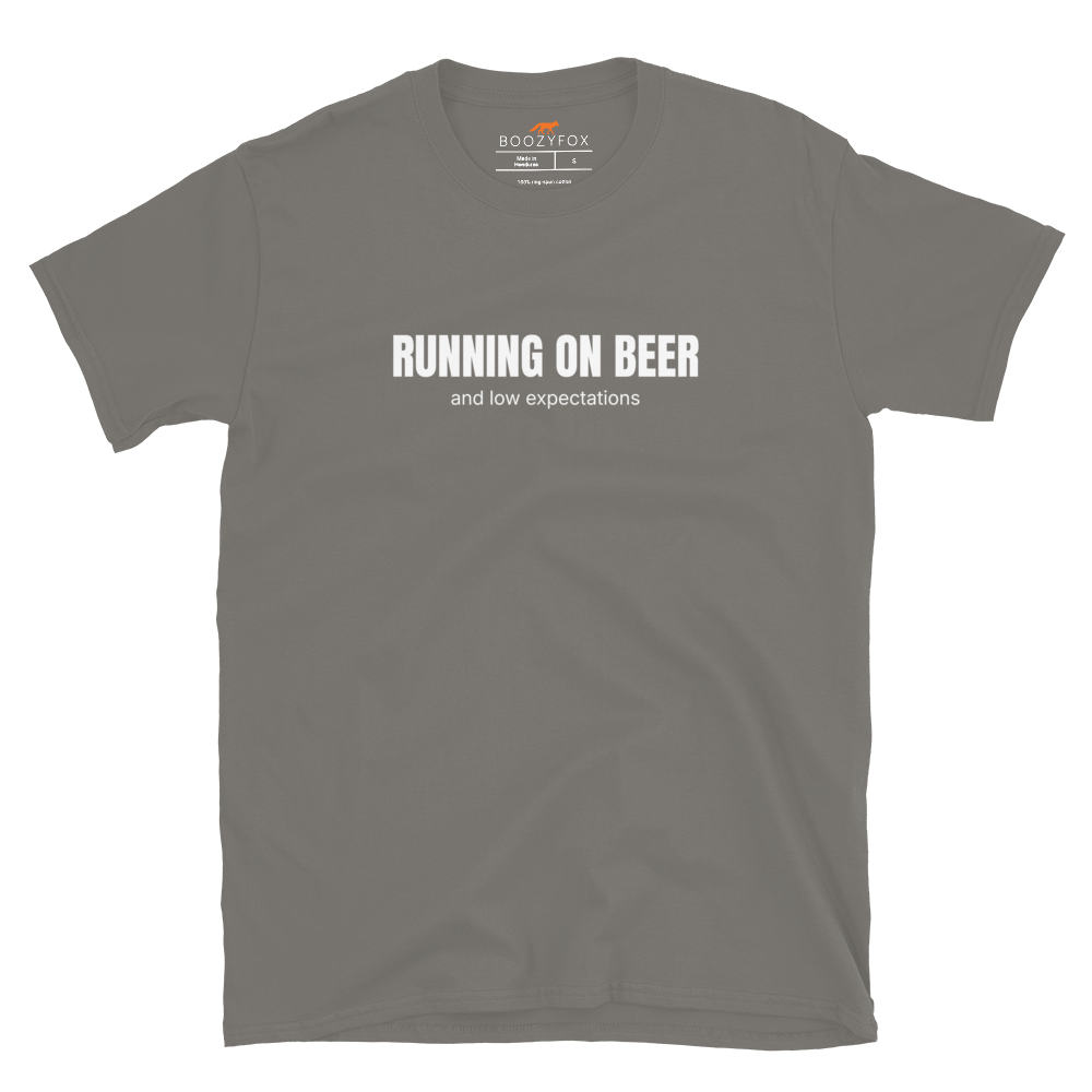 Funny Running on Beer graphic t-shirt in charcoal by Boozy Fox