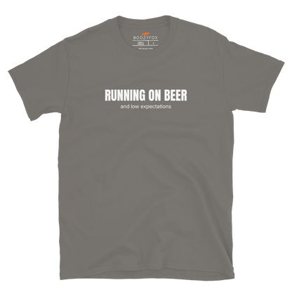 Funny Running on Beer graphic t-shirt in charcoal by Boozy Fox