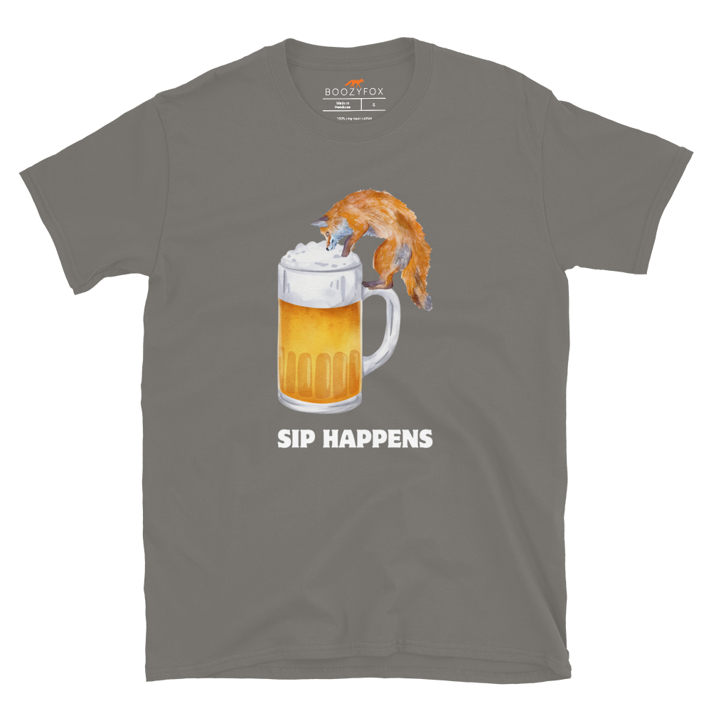 Funny Sip Happens Fox beer graphic t-shirt in charcoal by Boozy Fox