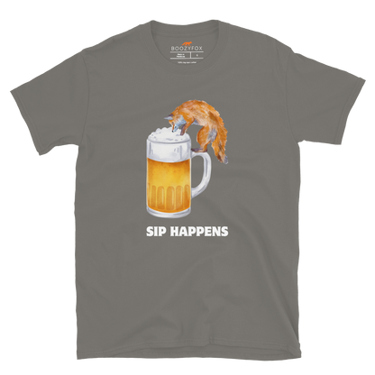 Funny Sip Happens Fox beer graphic t-shirt in charcoal by Boozy Fox