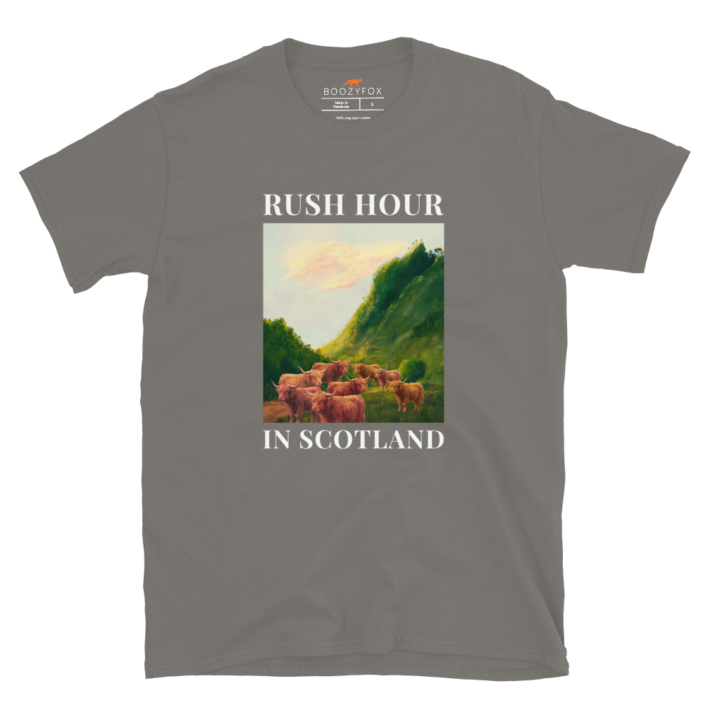 Funny Highland Cow Rush Hour in Scotland graphic t-shirt in charcoal grey by Boozy Fox