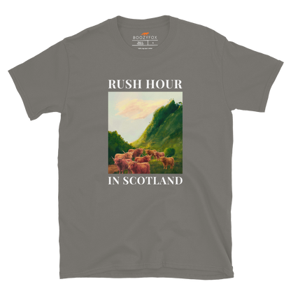 Funny Highland Cow Rush Hour in Scotland graphic t-shirt in charcoal grey by Boozy Fox