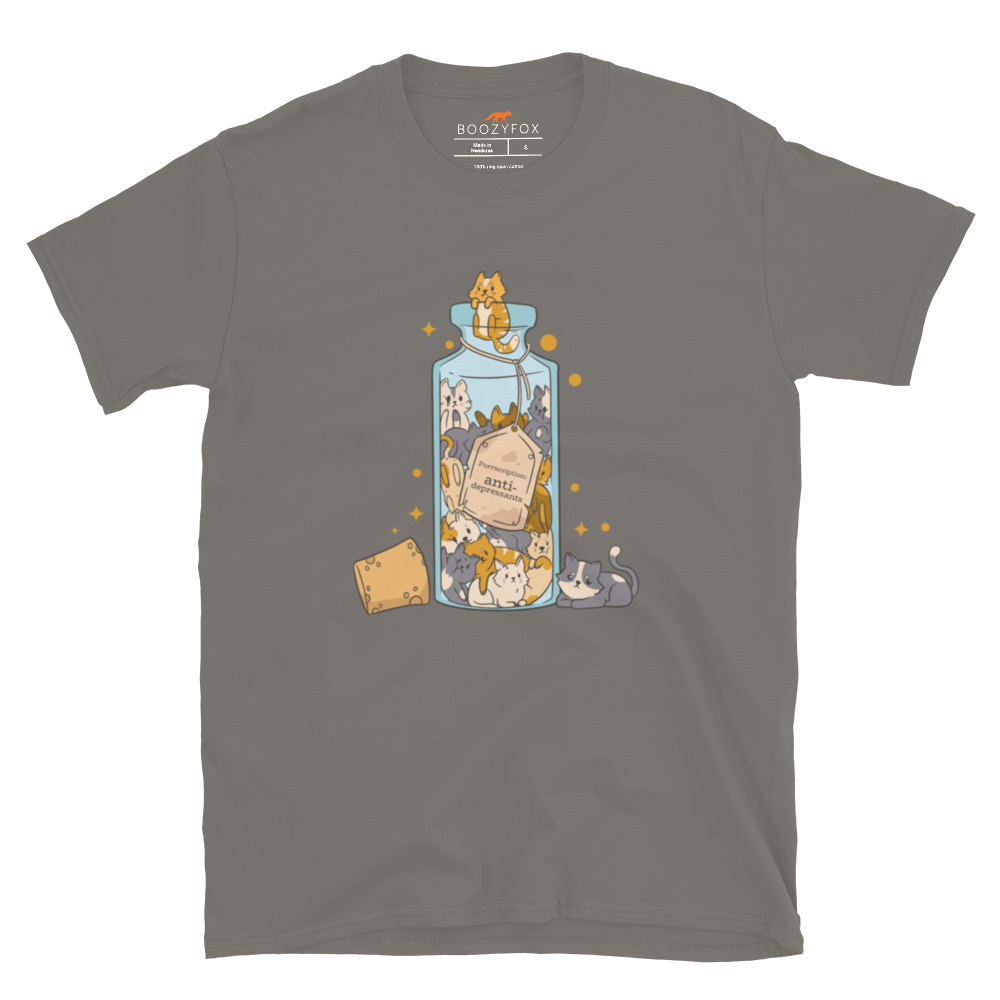 Funny Purrscription: Anti-depressants Cat graphic t-shirt in charcoal grey by Boozy Fox