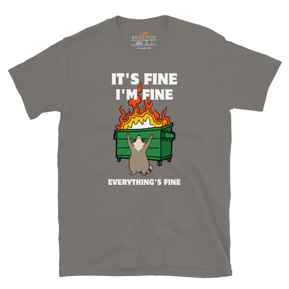 Funny Dumpster Fire Raccoon graphic t-shirt in charcoal grey by Boozy Fox