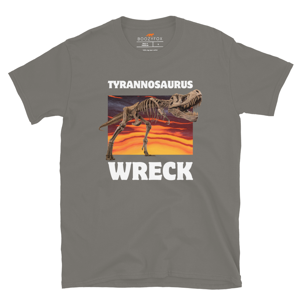 Funny Tyrannosaurus Wreck T-Rex Dinosaur graphic t-shirt in charcoal grey by Boozy Fox
