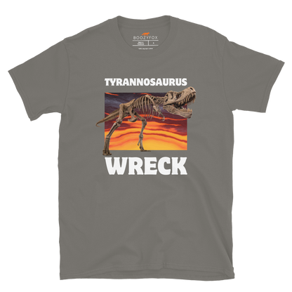 Funny Tyrannosaurus Wreck T-Rex Dinosaur graphic t-shirt in charcoal grey by Boozy Fox