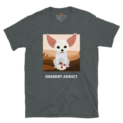 Dark Heather Fennec Fox T-Shirt featuring an adorable Dessert Addict graphic on the chest - Cute Graphic Fennec Fox T-Shirts - Boozy Fox