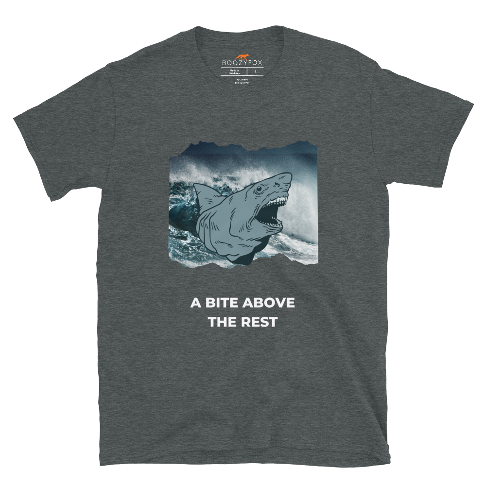 Dark Heather Megalodon T-Shirt featuring A Bite Above the Rest graphic on the chest - Funny Graphic Megalodon T-Shirts - Boozy Fox