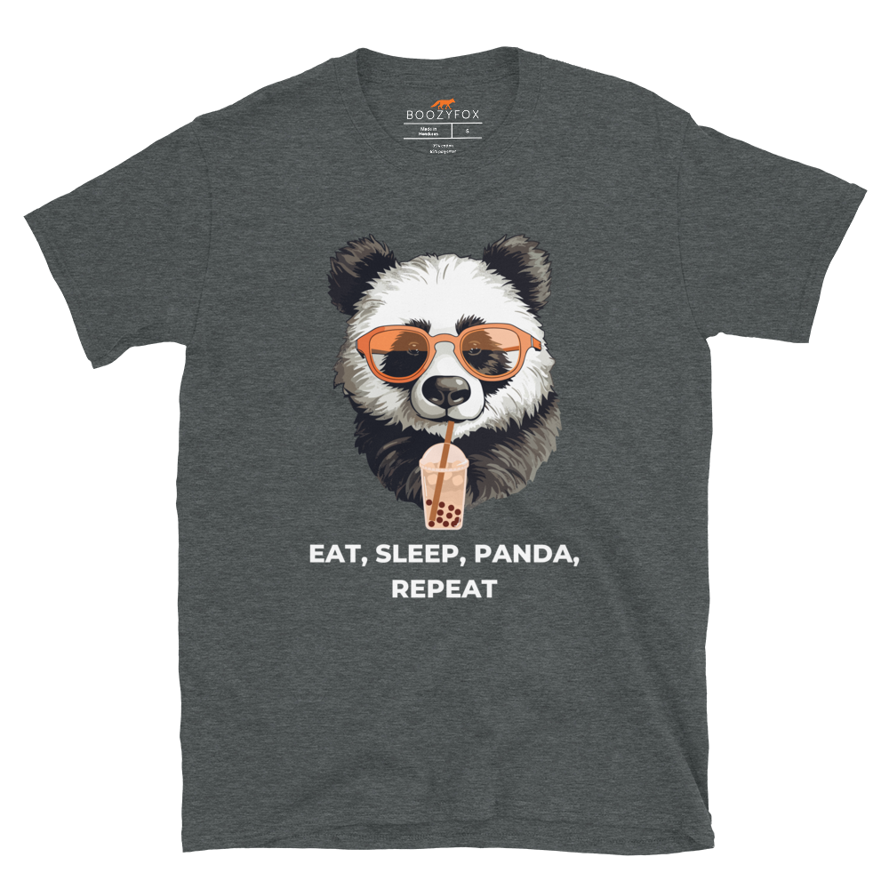 Dark Heather Panda T-Shirt featuring an adorable Eat, Sleep, Panda, Repeat graphic on the chest - Funny Graphic Panda T-Shirts - Boozy Fox