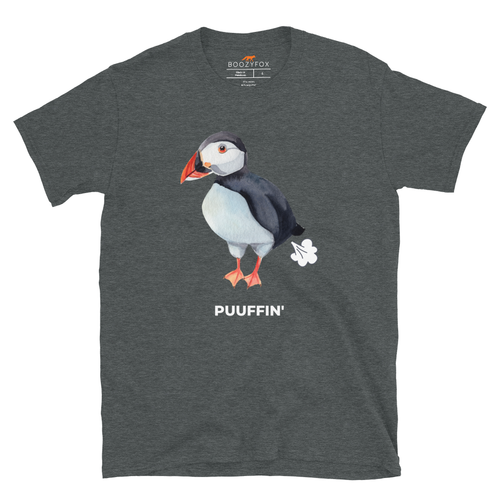 Dark Heather Puffin T-Shirt featuring a comic Puuffin' graphic on the chest - Funny Graphic Puffin T-Shirts - Boozy Fox