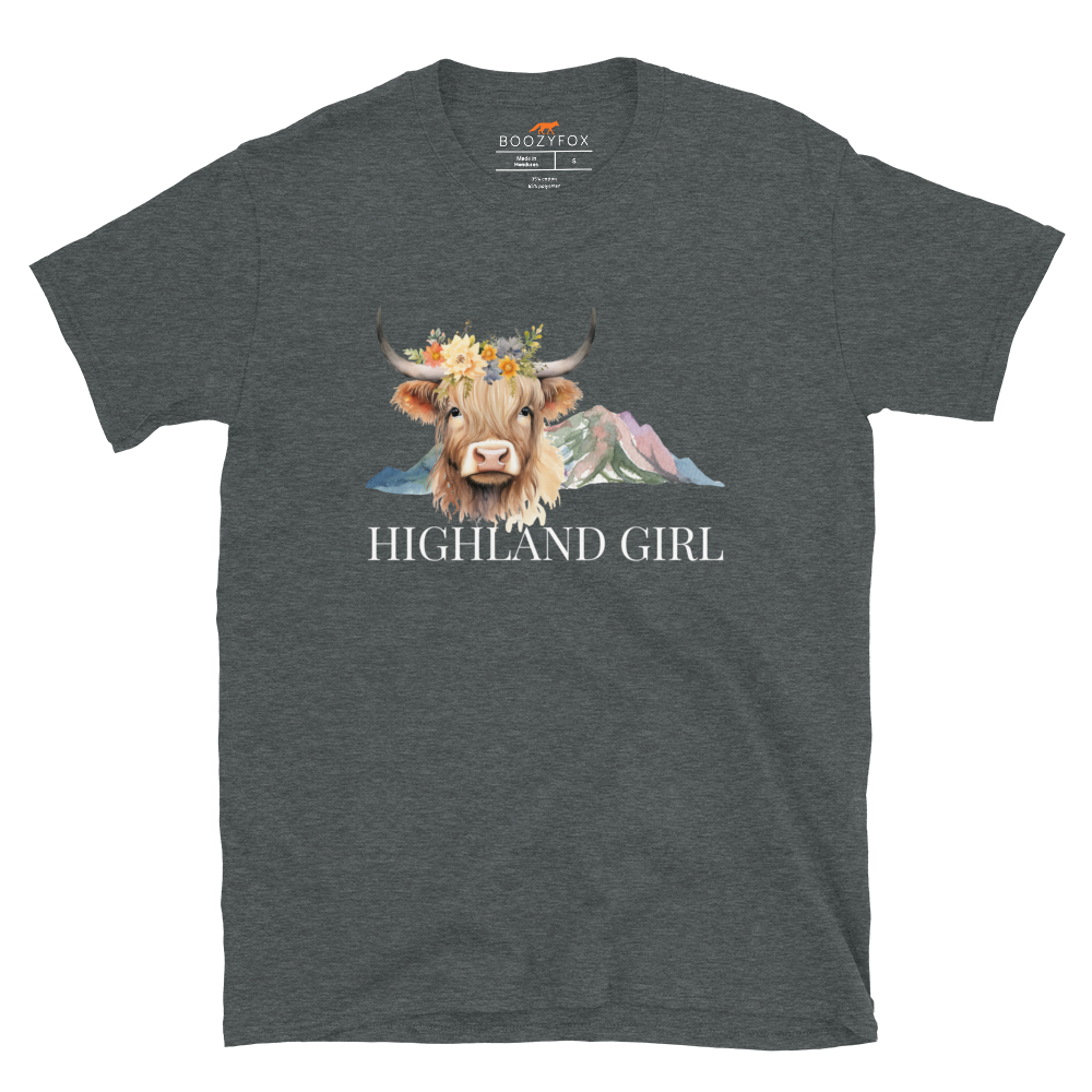Dark Heather Highland Cow T-Shirt featuring an adorable Highland Girl graphic on the chest - Cute Graphic Highland Cow T-Shirts - Boozy Fox