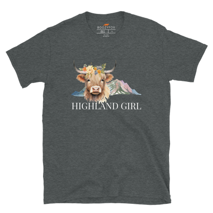 Dark Heather Highland Cow T-Shirt featuring an adorable Highland Girl graphic on the chest - Cute Graphic Highland Cow T-Shirts - Boozy Fox