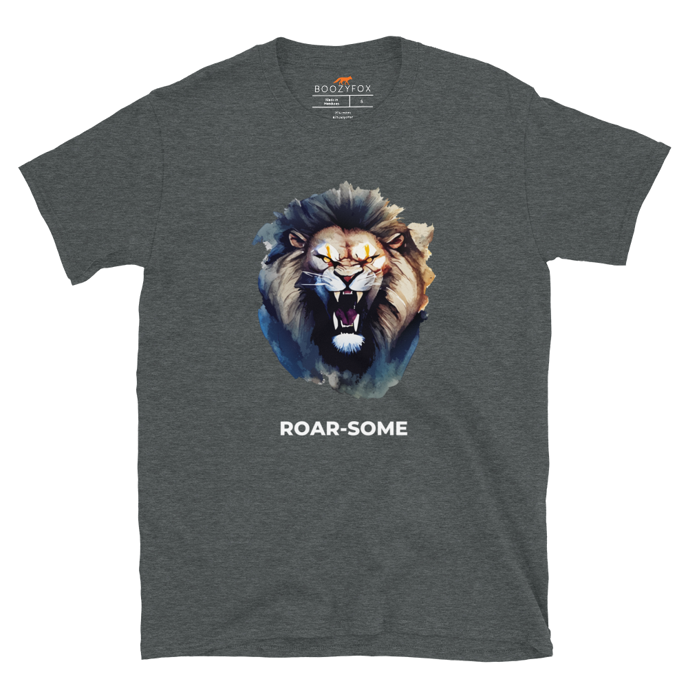 Dark Heather Lion T-Shirt featuring a Roar-Some graphic on the chest - Cool Graphic Lion T-Shirts - Boozy Fox