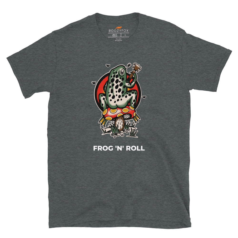 Dark Heather Frog T-Shirt featuring the awesome 'Frog 'n' Roll' graphic on the chest - Funny Graphic Frog T-Shirts - Boozy Fox
