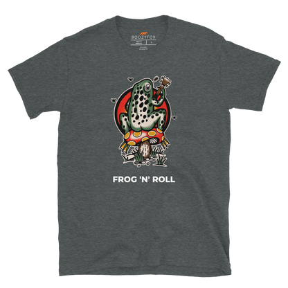 Dark Heather Frog T-Shirt featuring the awesome 'Frog 'n' Roll' graphic on the chest - Funny Graphic Frog T-Shirts - Boozy Fox