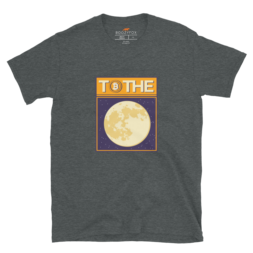 Dark Heather Bitcoin T-Shirt featuring a funny To The Moon graphic on the chest - Cool Graphic Bitcoin T-Shirts - Boozy Fox