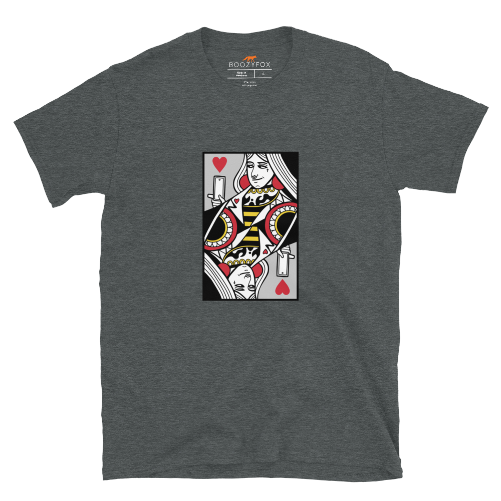 Dark Heather Queen of Hearts Playing Card T-Shirt featuring a cool Queen of Hearts graphic on the chest - Cool Graphic Queen of Hearts Playing Card T-Shirts - Boozy Fox