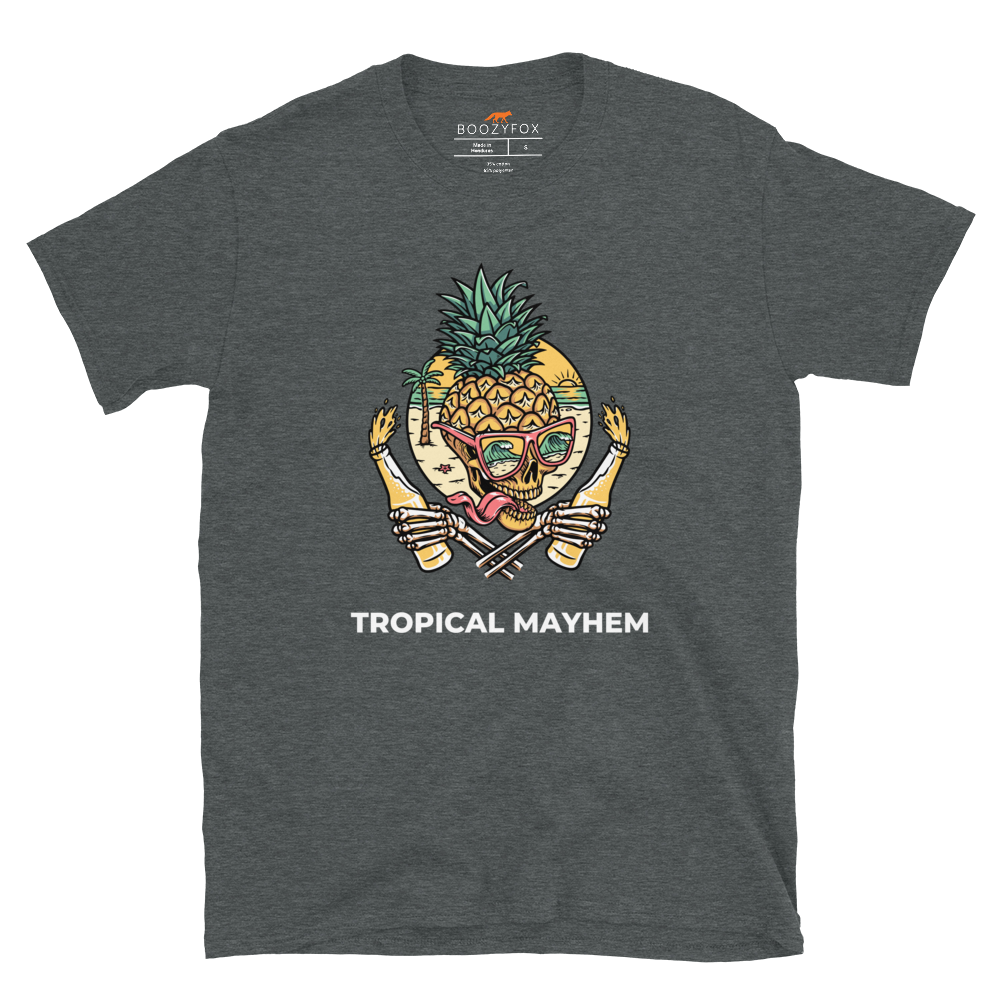 Dark Heather Tropical Mayhem T-Shirt featuring a Crazy Pineapple Skull graphic on the chest - Funny Graphic Pineapple T-Shirts - Boozy Fox