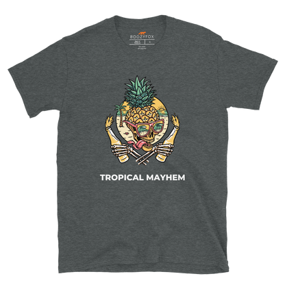 Dark Heather Tropical Mayhem T-Shirt featuring a Crazy Pineapple Skull graphic on the chest - Funny Graphic Pineapple T-Shirts - Boozy Fox
