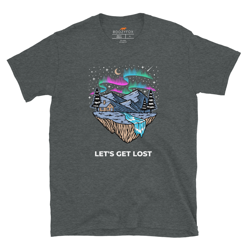 Dark Heather Let's Get Lost T-Shirt featuring a mesmerizing night sky, adorned with stars and aurora borealis graphic on the chest - Cool Graphic Northern Lights T-Shirts - Boozy Fox