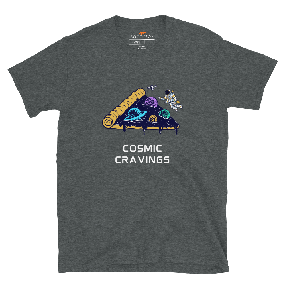 Dark Heather Cosmic Cravings T-Shirt featuring an Astronaut Exploring a Pizza Universe graphic on the chest - Funny Graphic Space T-Shirts - Boozy Fox