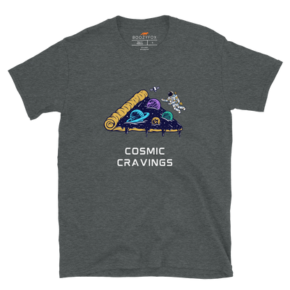 Dark Heather Cosmic Cravings T-Shirt featuring an Astronaut Exploring a Pizza Universe graphic on the chest - Funny Graphic Space T-Shirts - Boozy Fox