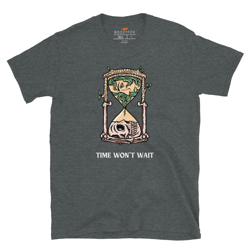 Dark Heather Hourglass T-Shirt featuring a captivating Time Won't Wait graphic on the chest - Cool Graphic Hourglass T-Shirts - Boozy Fox