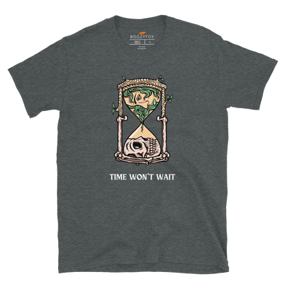 Dark Heather Hourglass T-Shirt featuring a captivating Time Won't Wait graphic on the chest - Cool Graphic Hourglass T-Shirts - Boozy Fox