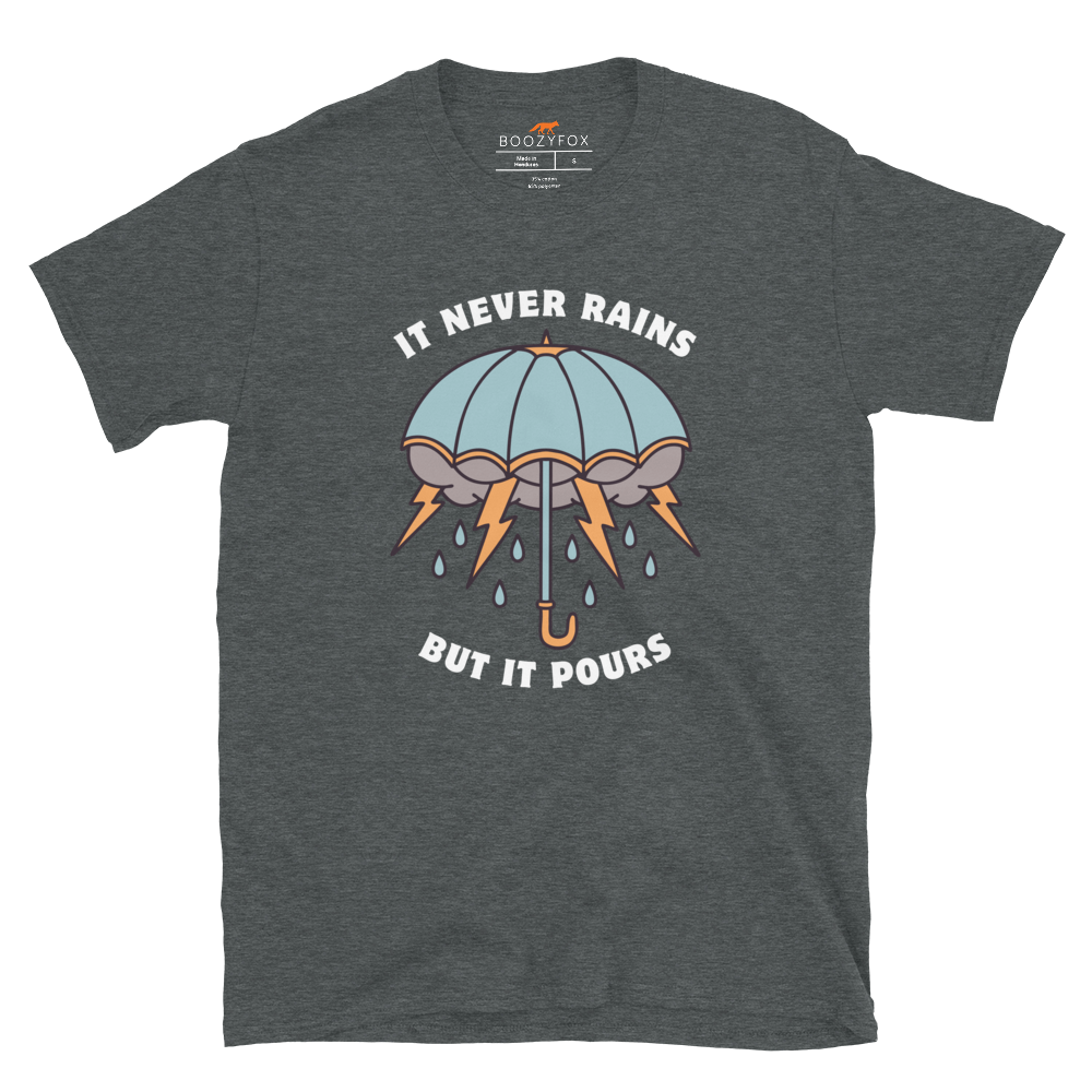 Dark Heather Umbrella T-Shirt featuring a unique It Never Rains But It Pours graphic on the chest - Cool Tattoo-Inspired Graphic Umbrella T-Shirts - Boozy Fox