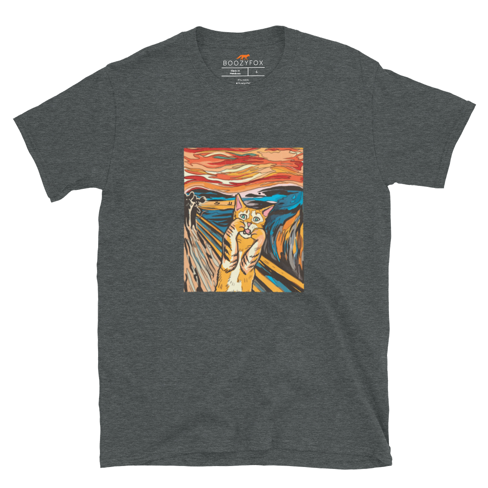 Dark Heather Screaming Cat T-Shirt showcasing iconic The Screaming Cat graphic on the chest - Funny Graphic Cat T-Shirts - Boozy Fox