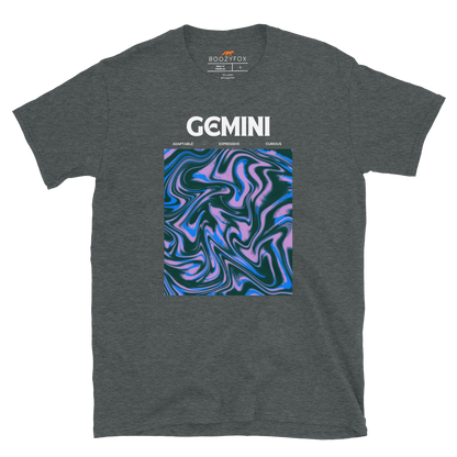 Dark Heather Gemini T-Shirt featuring an Abstract Gemini Star Sign graphic on the chest - Cool Graphic Zodiac T-Shirts - Boozy Fox