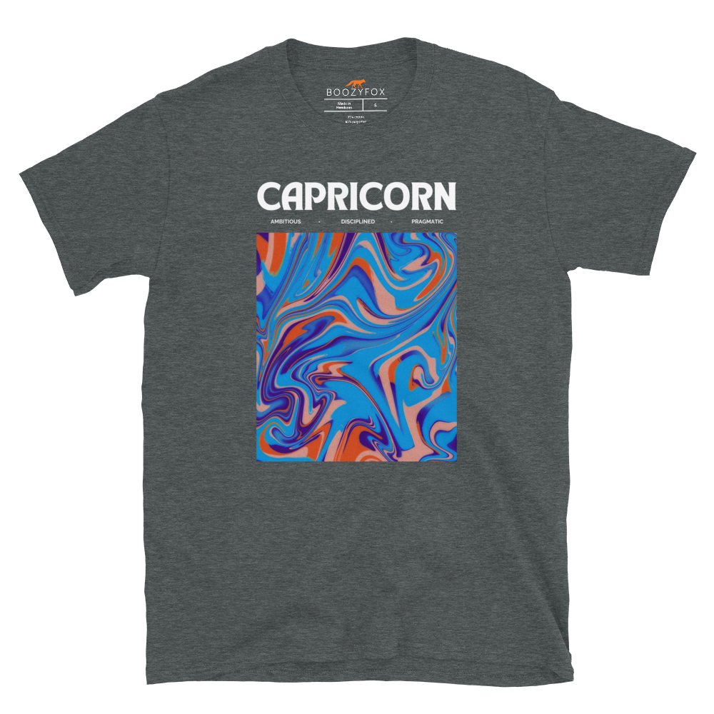 Dark Heather Capricorn T-Shirt featuring an Abstract Capricorn Star Sign graphic on the chest - Cool Graphic Zodiac T-Shirts - Boozy Fox