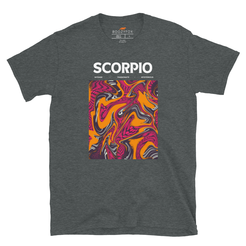Dark Heather Scorpio T-Shirt featuring an Abstract Scorpio Star Sign graphic on the chest - Cool Graphic Zodiac T-Shirts - Boozy Fox