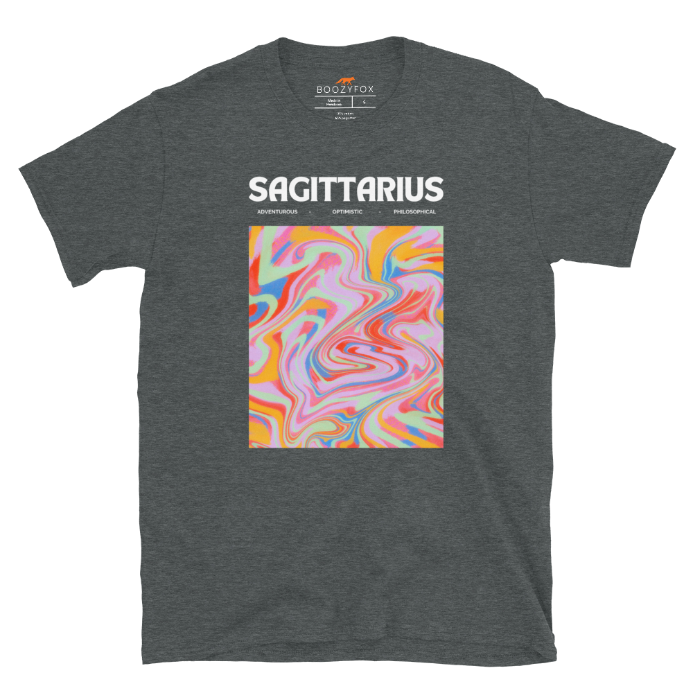 Dark Heather Sagittarius T-Shirt featuring an Abstract Sagittarius Star Sign graphic on the chest - Cool Graphic Zodiac T-Shirts - Boozy Fox