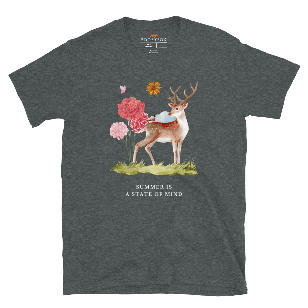 Dark Heather Summer Is a State of Mind T-Shirt Featuring a Summer Is a State of Mind graphic on the chest - Cute Graphic Summer T-Shirts - Boozy Fox