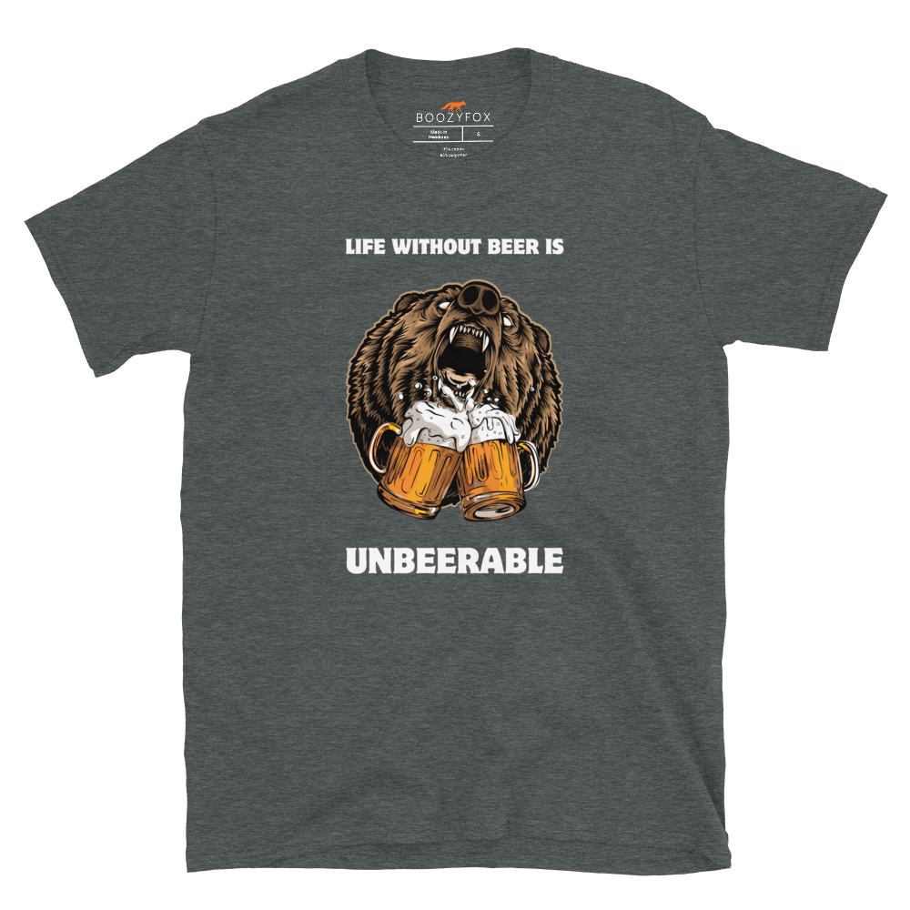 Dark Heather Bear T-Shirt featuring a Life Without Beer Is Unbeerable graphic on the chest - Funny Graphic Bear T-Shirts - Boozy Fox