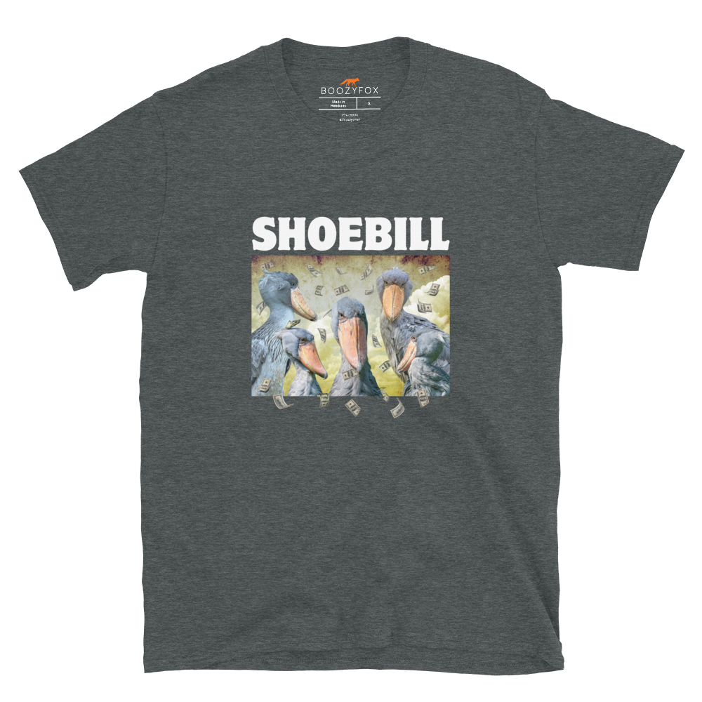 Dark Heather Shoebill T-Shirt featuring a cool Shoebill graphic on the chest - Artsy/Funny Graphic Shoebill Stork T-Shirts - Boozy Fox