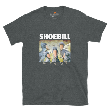 Dark Heather Shoebill T-Shirt featuring a cool Shoebill graphic on the chest - Artsy/Funny Graphic Shoebill Stork T-Shirts - Boozy Fox