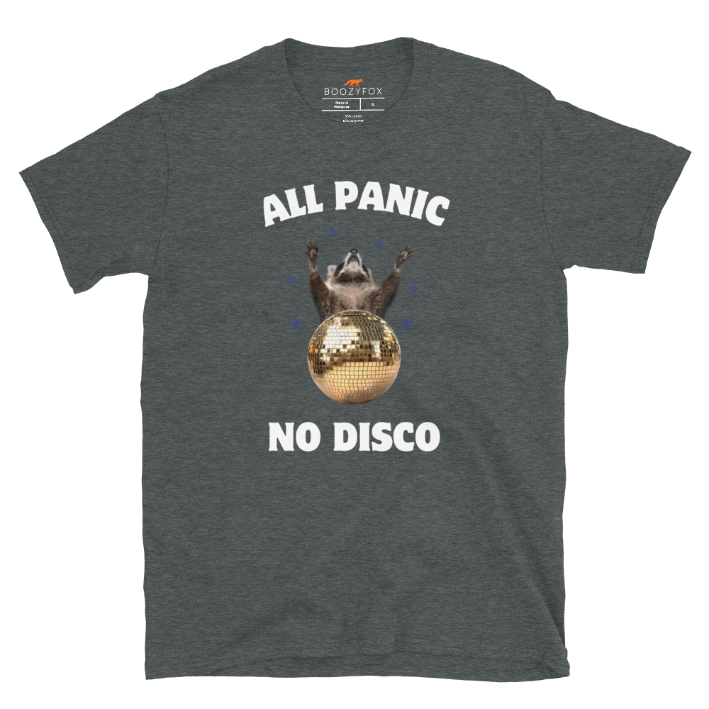 Funny All Panic No Disco Raccoon graphic t-shirt in dark heather by Boozy Fox