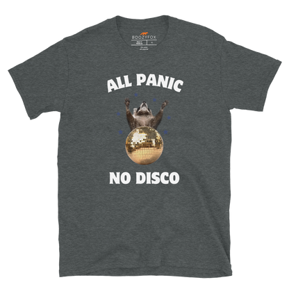 Funny All Panic No Disco Raccoon graphic t-shirt in dark heather by Boozy Fox