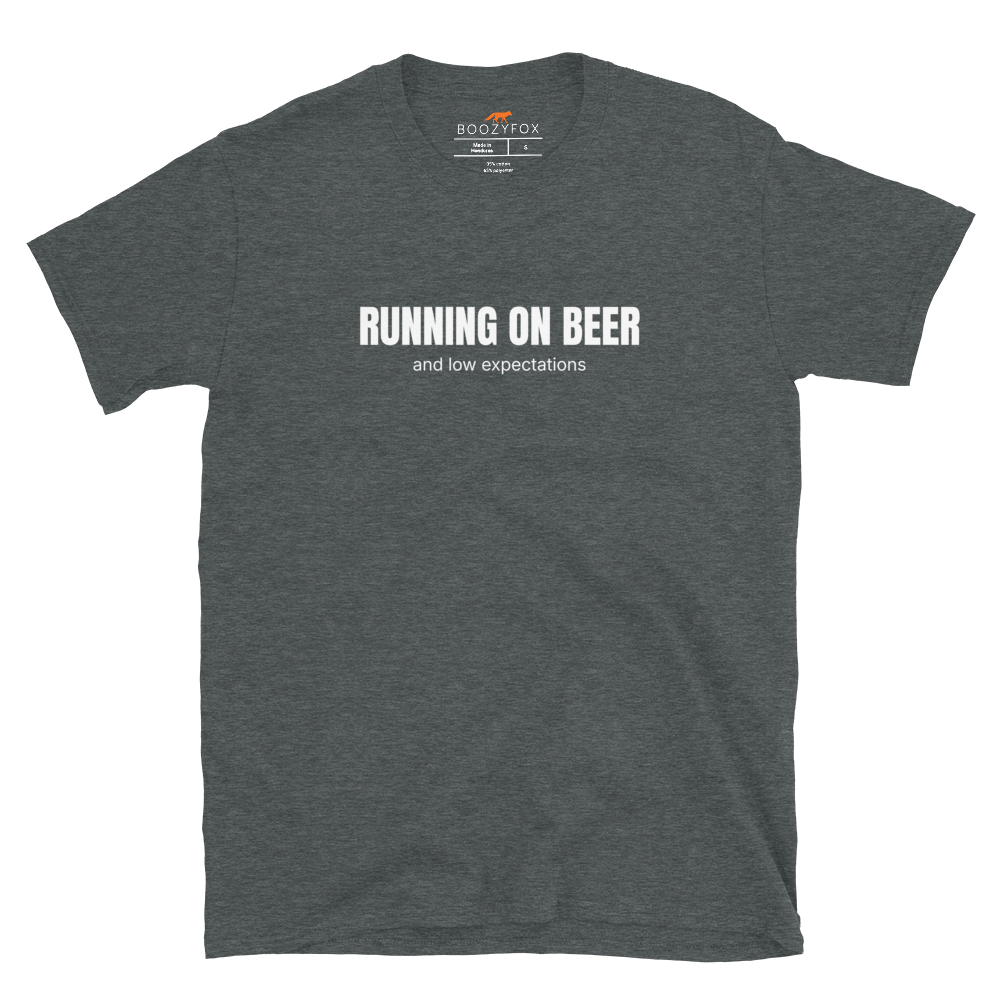 Funny Running on Beer graphic t-shirt in dark heather by Boozy Fox