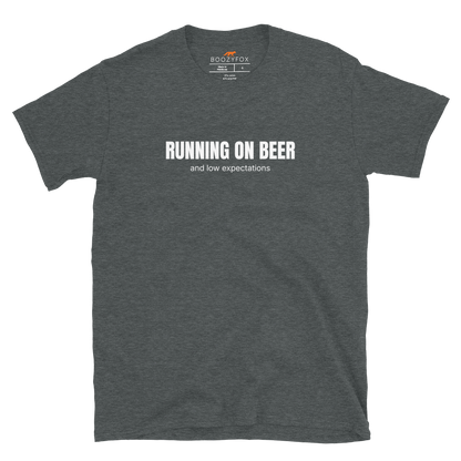 Funny Running on Beer graphic t-shirt in dark heather by Boozy Fox