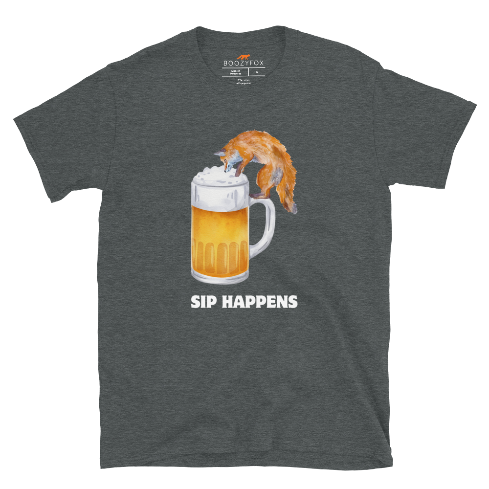 Funny Sip Happens Fox beer graphic t-shirt in dark heather by Boozy Fox