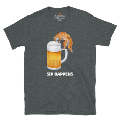 Funny Sip Happens Fox beer graphic t-shirt in dark heather by Boozy Fox