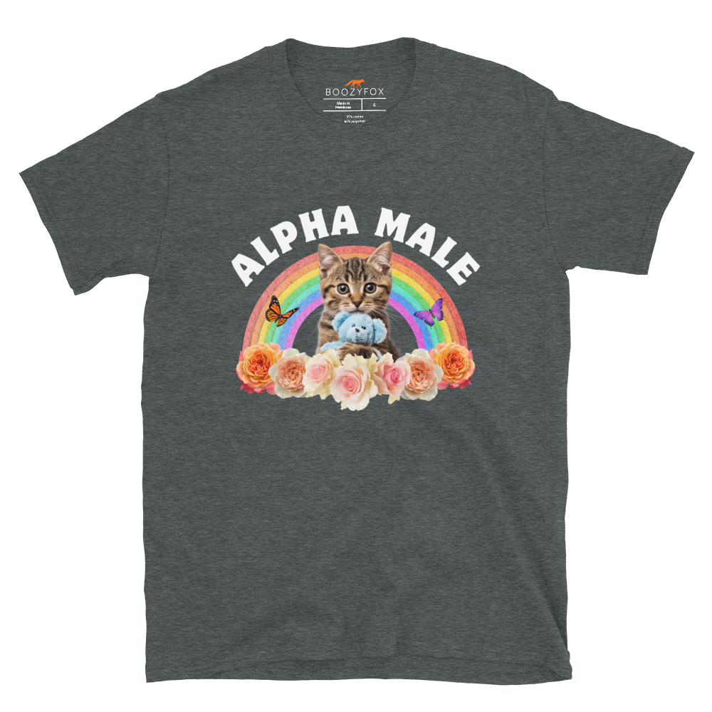 Funny Alpha Male Cat rainbow roses graphic t-shirt in dark heather by Boozy Fox