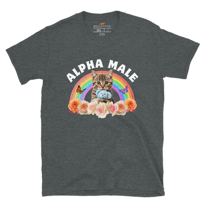 Funny Alpha Male Cat rainbow roses graphic t-shirt in dark heather by Boozy Fox