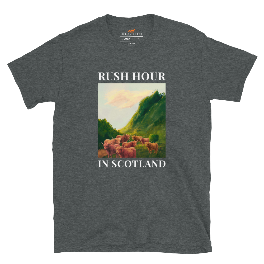 Funny Highland Cow Rush Hour in Scotland graphic t-shirt in dark heather by Boozy Fox
