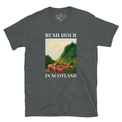 Funny Highland Cow Rush Hour in Scotland graphic t-shirt in dark heather by Boozy Fox